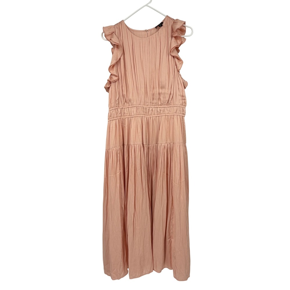 Ann Taylor Dress Womens 12 Peach Pleated Ruffle Sleeve Tiered Midi NWT Office